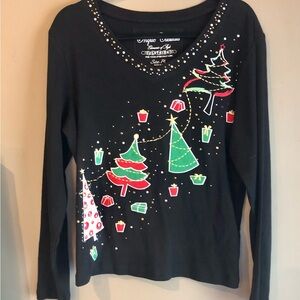 Onque Casuals Black Long Sleeve Christmas Festive Top SzM